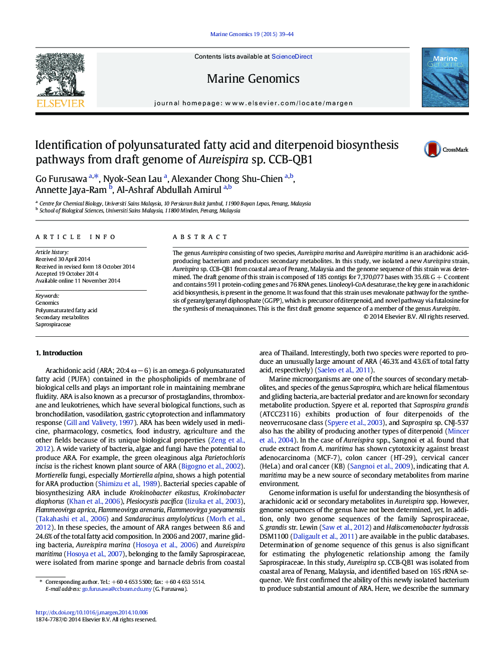 Identification of polyunsaturated fatty acid and diterpenoid biosynthesis pathways from draft genome of Aureispira sp. CCB-QB1