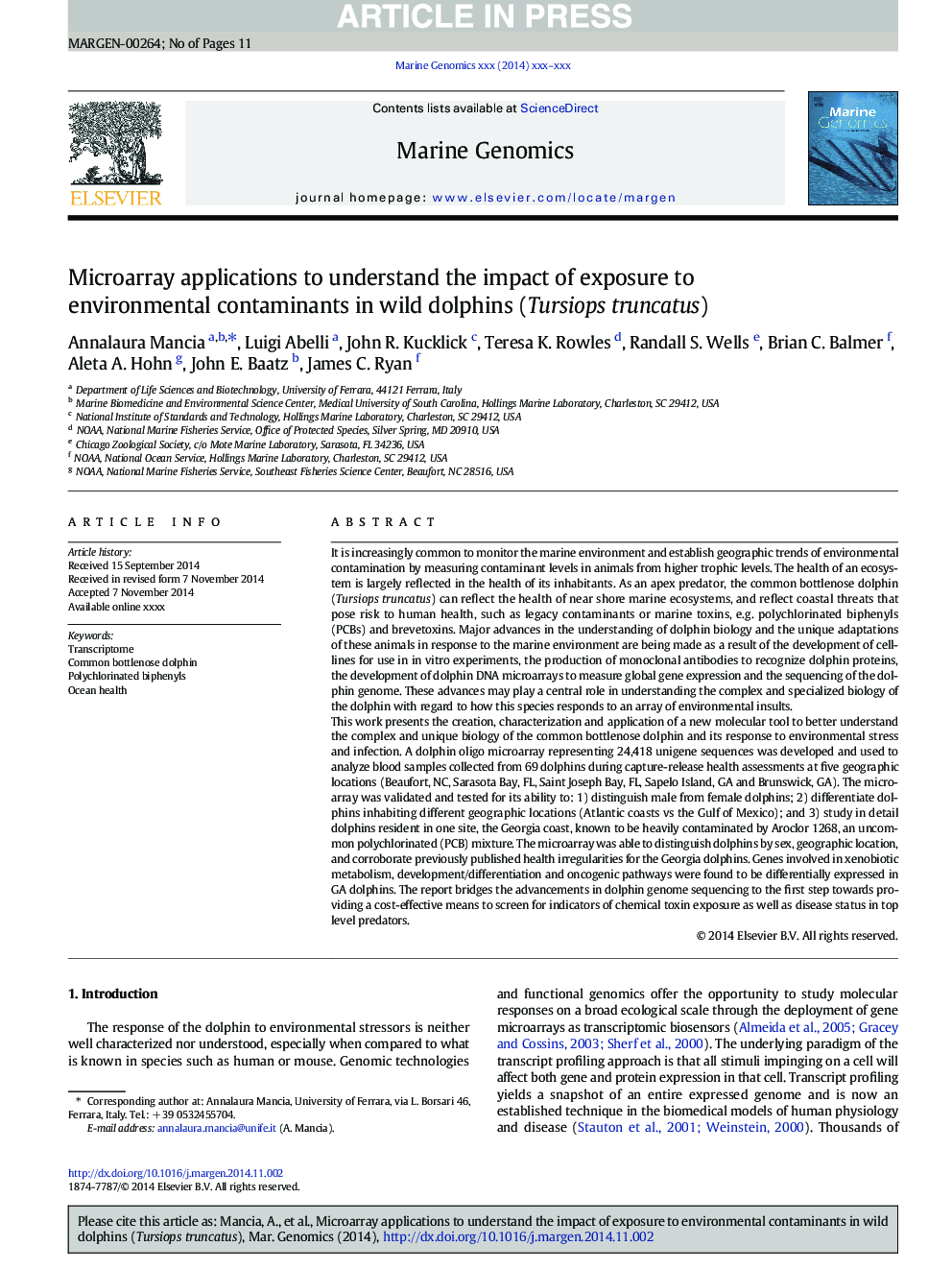 Microarray applications to understand the impact of exposure to environmental contaminants in wild dolphins (Tursiops truncatus)