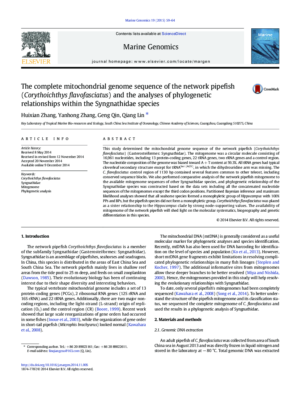 The complete mitochondrial genome sequence of the network pipefish (Corythoichthys flavofasciatus) and the analyses of phylogenetic relationships within the Syngnathidae species