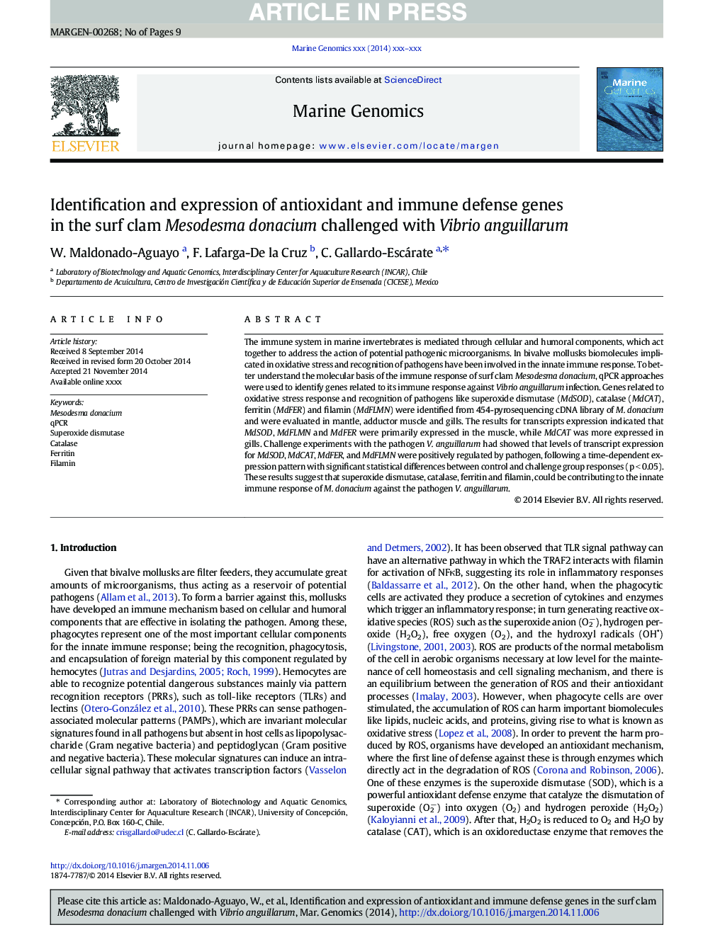 Identification and expression of antioxidant and immune defense genes in the surf clam Mesodesma donacium challenged with Vibrio anguillarum