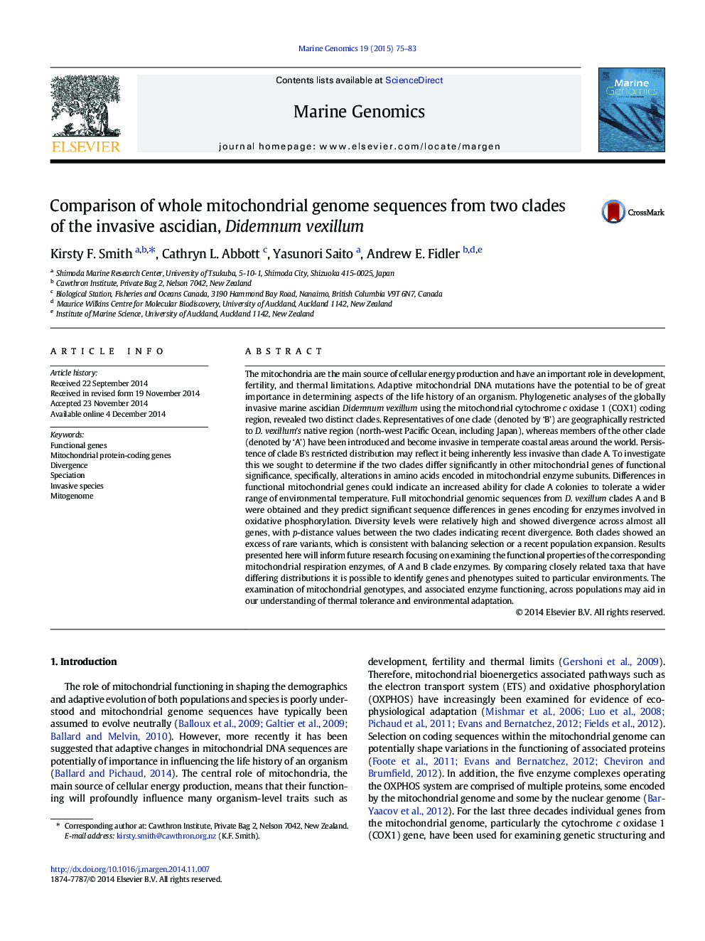 Comparison of whole mitochondrial genome sequences from two clades of the invasive ascidian, Didemnum vexillum