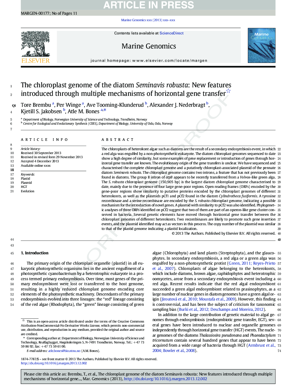 The chloroplast genome of the diatom Seminavis robusta: New features introduced through multiple mechanisms of horizontal gene transfer