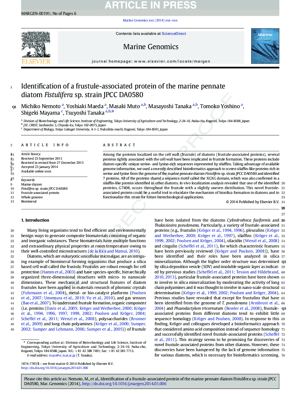 Identification of a frustule-associated protein of the marine pennate diatom Fistulifera sp. strain JPCC DA0580