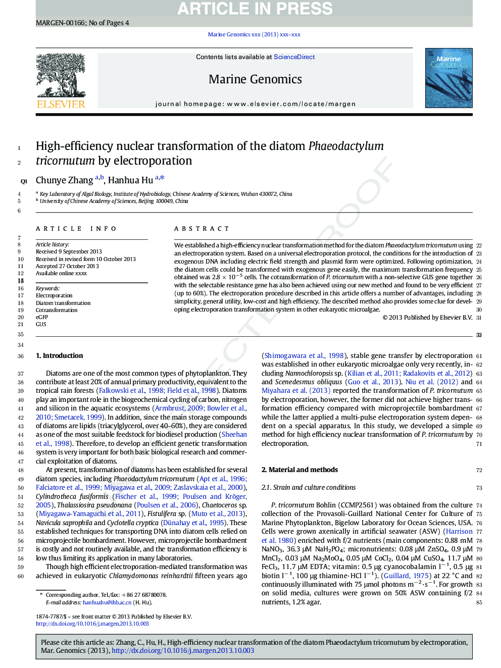 High-efficiency nuclear transformation of the diatom Phaeodactylum tricornutum by electroporation