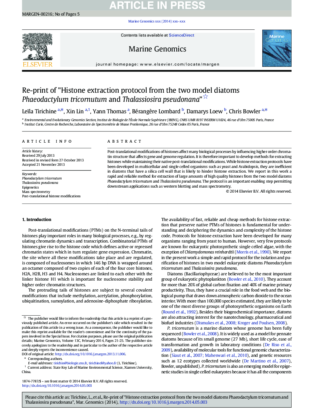 Re-print of "Histone extraction protocol from the two model diatoms Phaeodactylum tricornutum and Thalassiosira pseudonana"