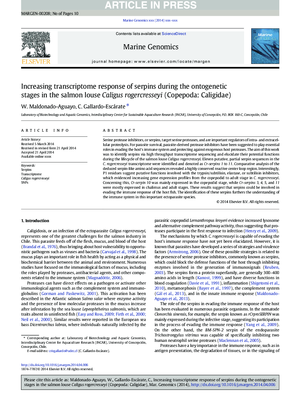 Increasing transcriptome response of serpins during the ontogenetic stages in the salmon louse Caligus rogercresseyi (Copepoda: Caligidae)