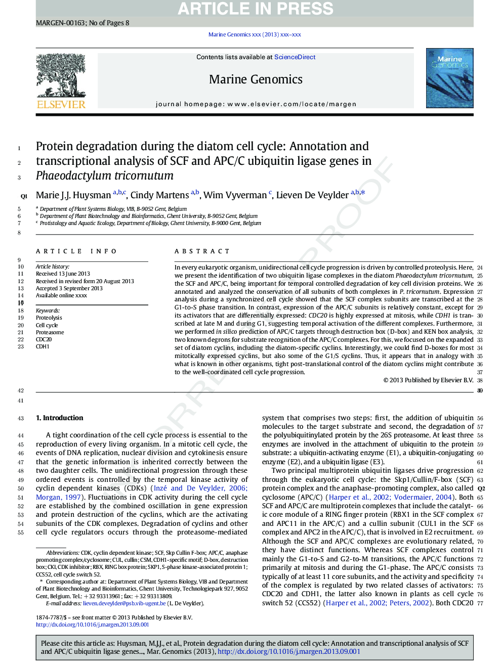 Protein degradation during the diatom cell cycle: Annotation and transcriptional analysis of SCF and APC/C ubiquitin ligase genes in Phaeodactylum tricornutum