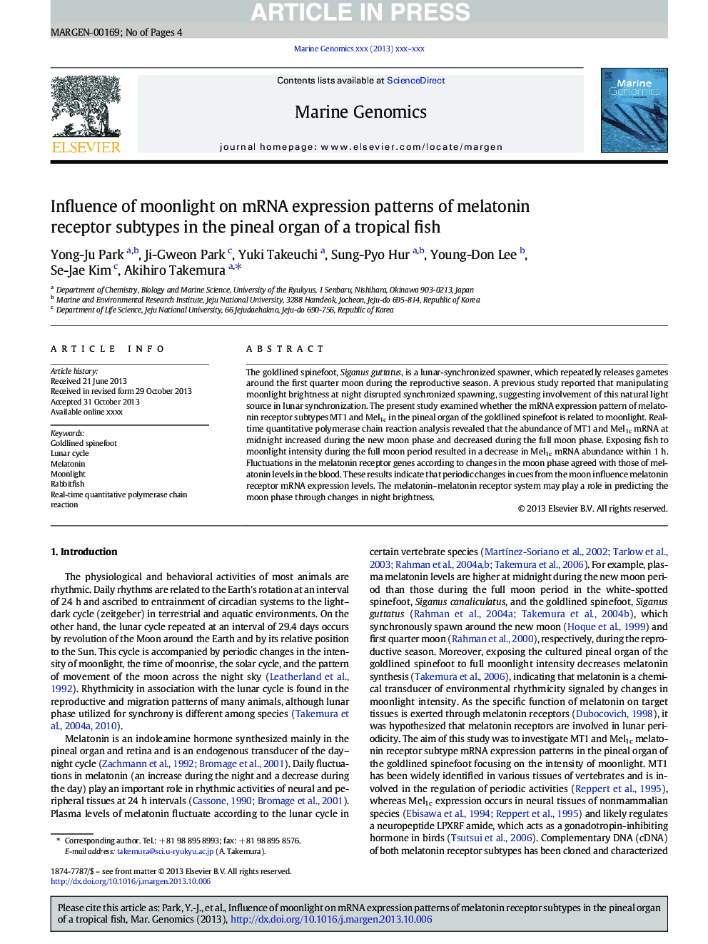 Influence of moonlight on mRNA expression patterns of melatonin receptor subtypes in the pineal organ of a tropical fish