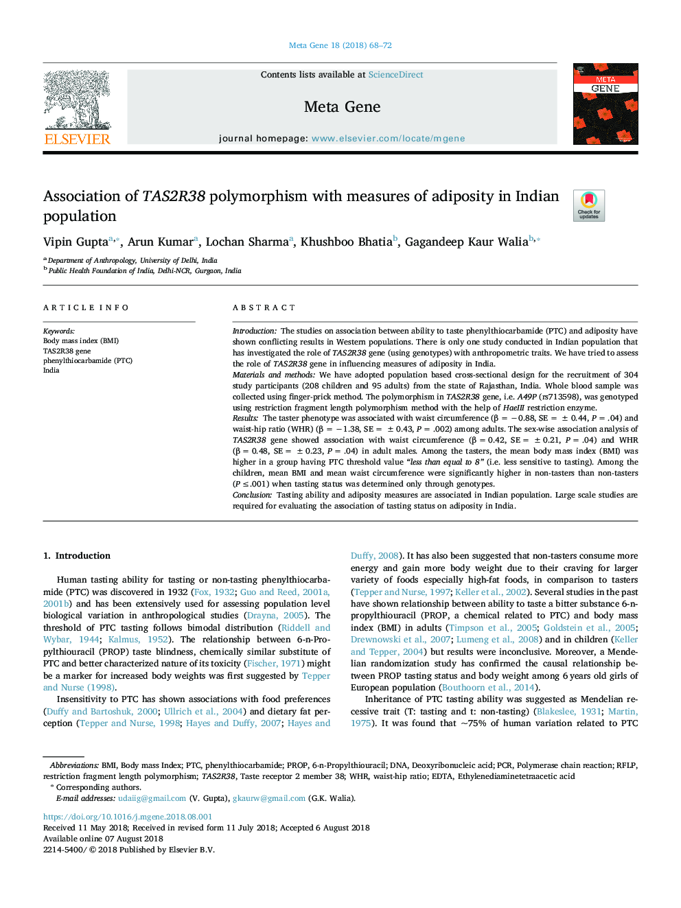 Association of TAS2R38 polymorphism with measures of adiposity in Indian population