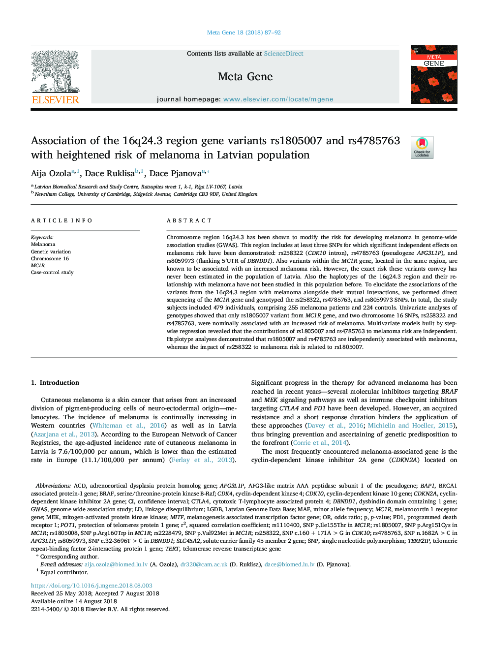 Association of the 16q24.3 region gene variants rs1805007 and rs4785763 with heightened risk of melanoma in Latvian population