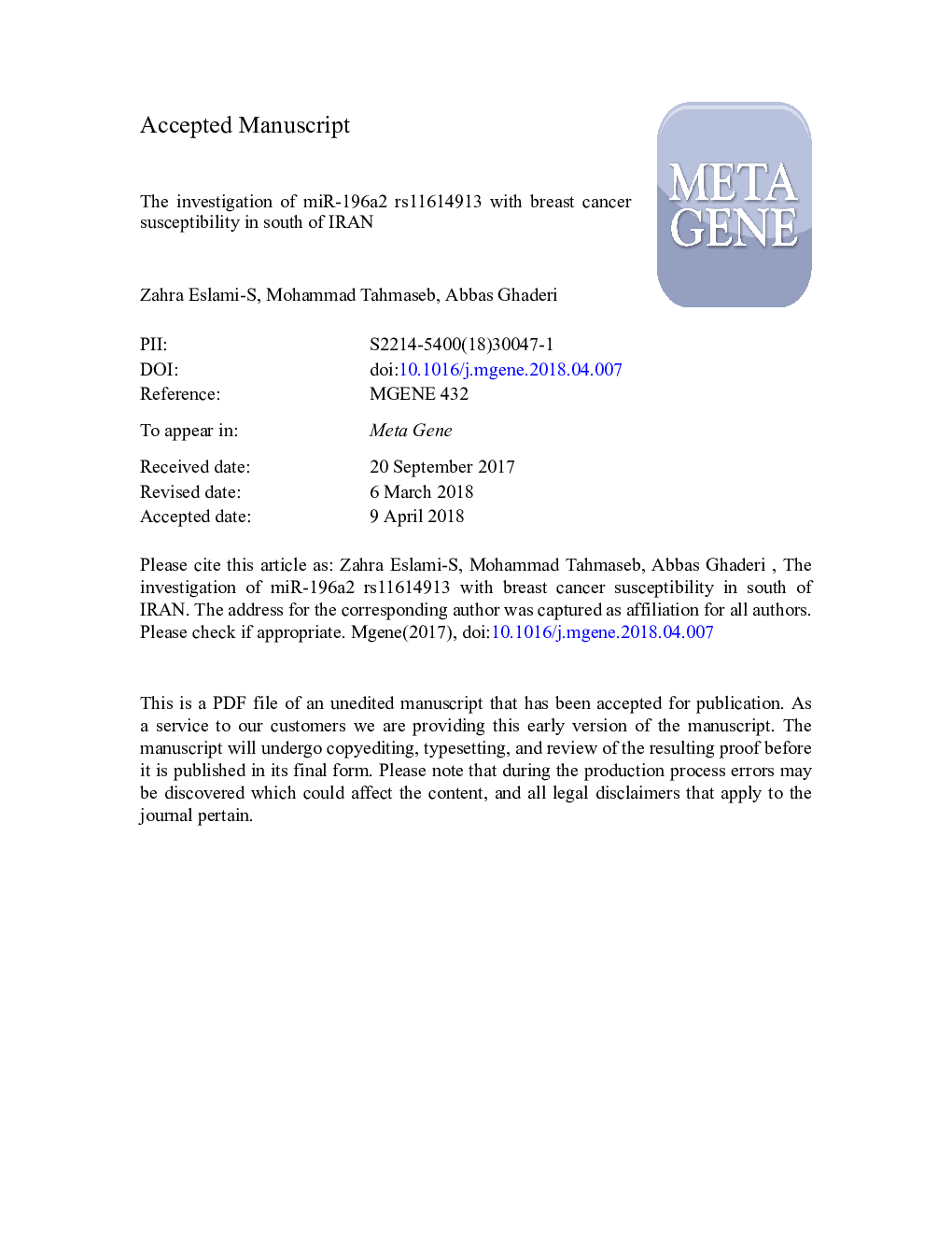 The investigation of miR-196a2 rs11614913 with breast cancer susceptibility in south of IRAN