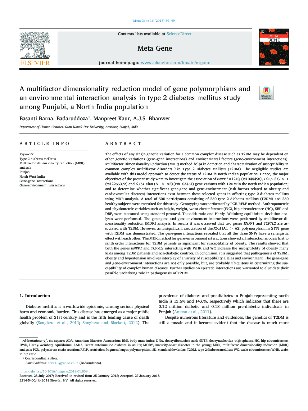 یک مدل کاهش چند بعدی فاکتور پلمورفیسم ژنی و یک تجزیه و تحلیل متقابل محیطی در مطالعه دیابت نوع 2 در پنجاب، یک جمعیت شمال هند 
