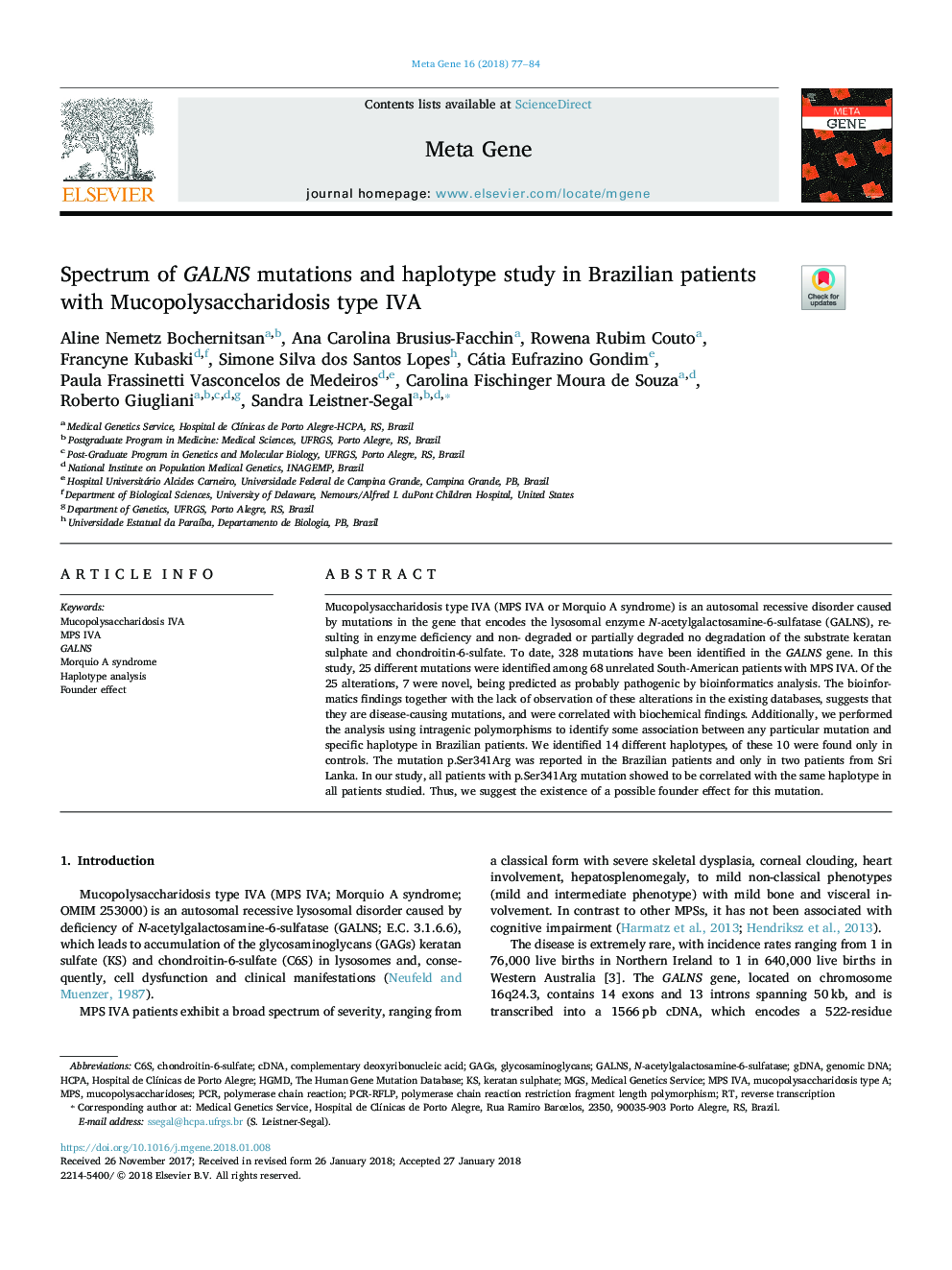 Spectrum of GALNS mutations and haplotype study in Brazilian patients with Mucopolysaccharidosis type IVA