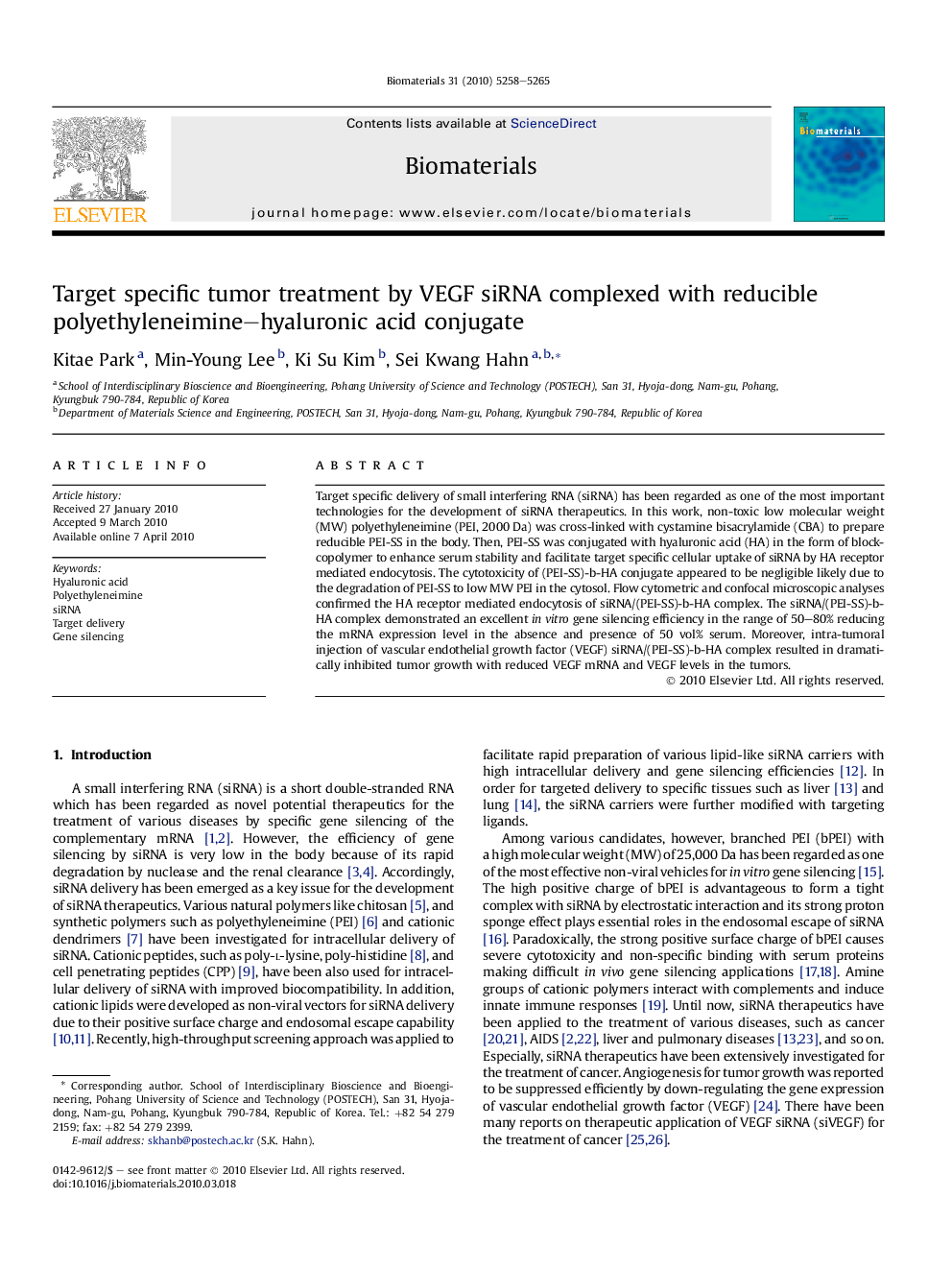 Target specific tumor treatment by VEGF siRNA complexed with reducible polyethyleneimine–hyaluronic acid conjugate