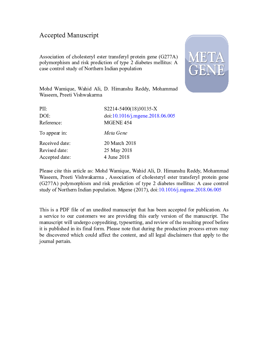 Association of cholesteryl ester transferyl protein gene (G277A) polymorphism and risk prediction of type 2 diabetes mellitus: A case control study of Northern Indian population