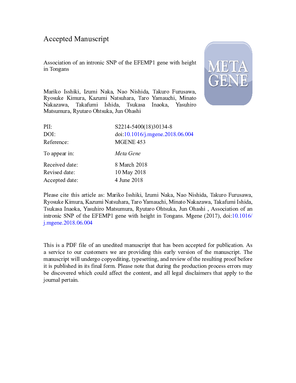 Association of an intronic SNP of the EFEMP1 gene with height in Tongans