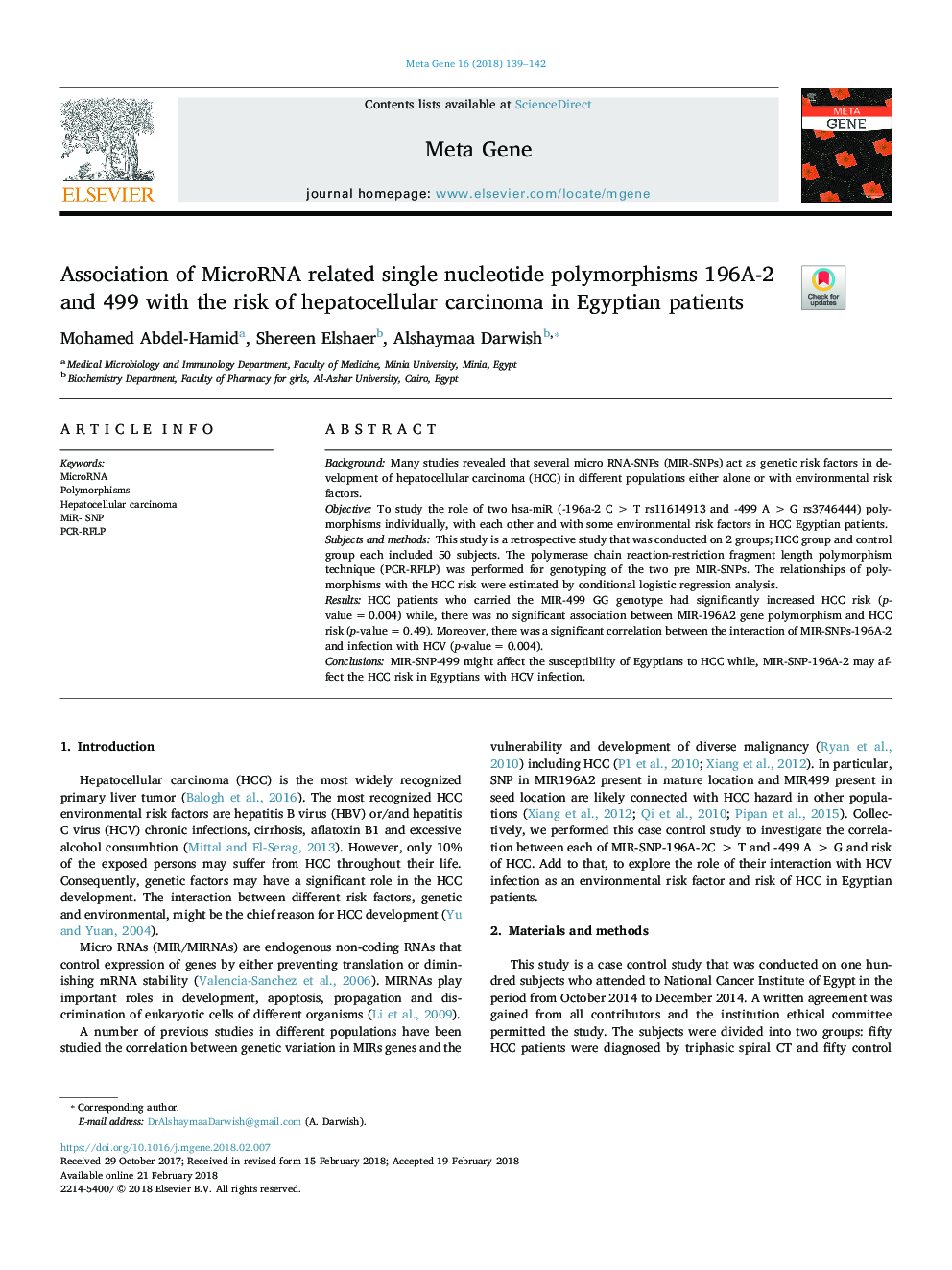 Association of MicroRNA related single nucleotide polymorphisms 196A-2 and 499 with the risk of hepatocellular carcinoma in Egyptian patients