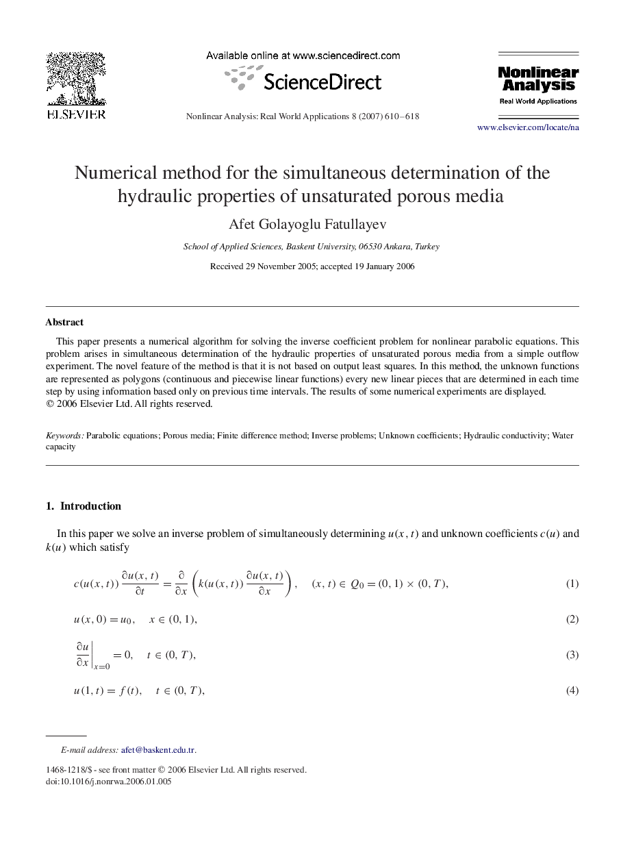 Numerical method for the simultaneous determination of the hydraulic properties of unsaturated porous media