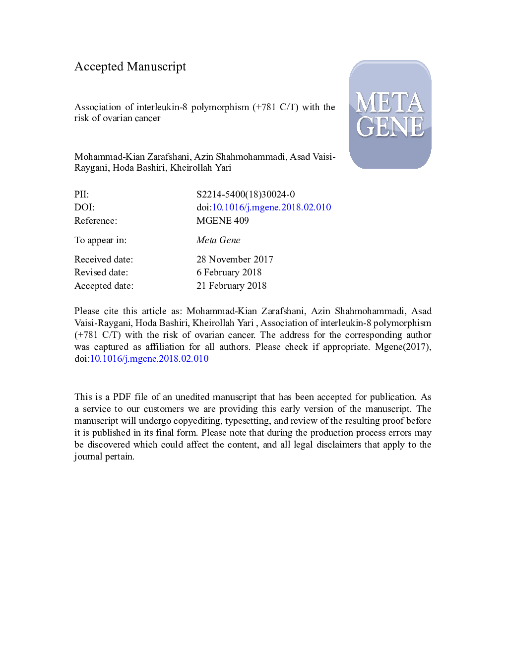 عکس صفحه اول مقاله: Association of interleukin-8 polymorphism (+781 C/T) with the risk of ovarian cancer Association of interleukin-8 polymorphism (+781 C/T) with the risk of ovarian cancer