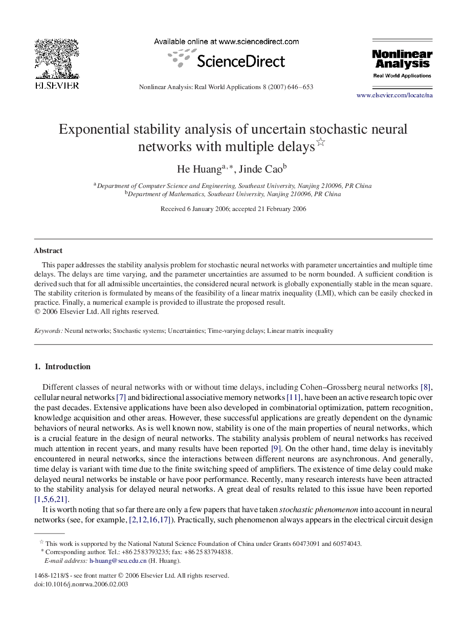 Exponential stability analysis of uncertain stochastic neural networks with multiple delays 