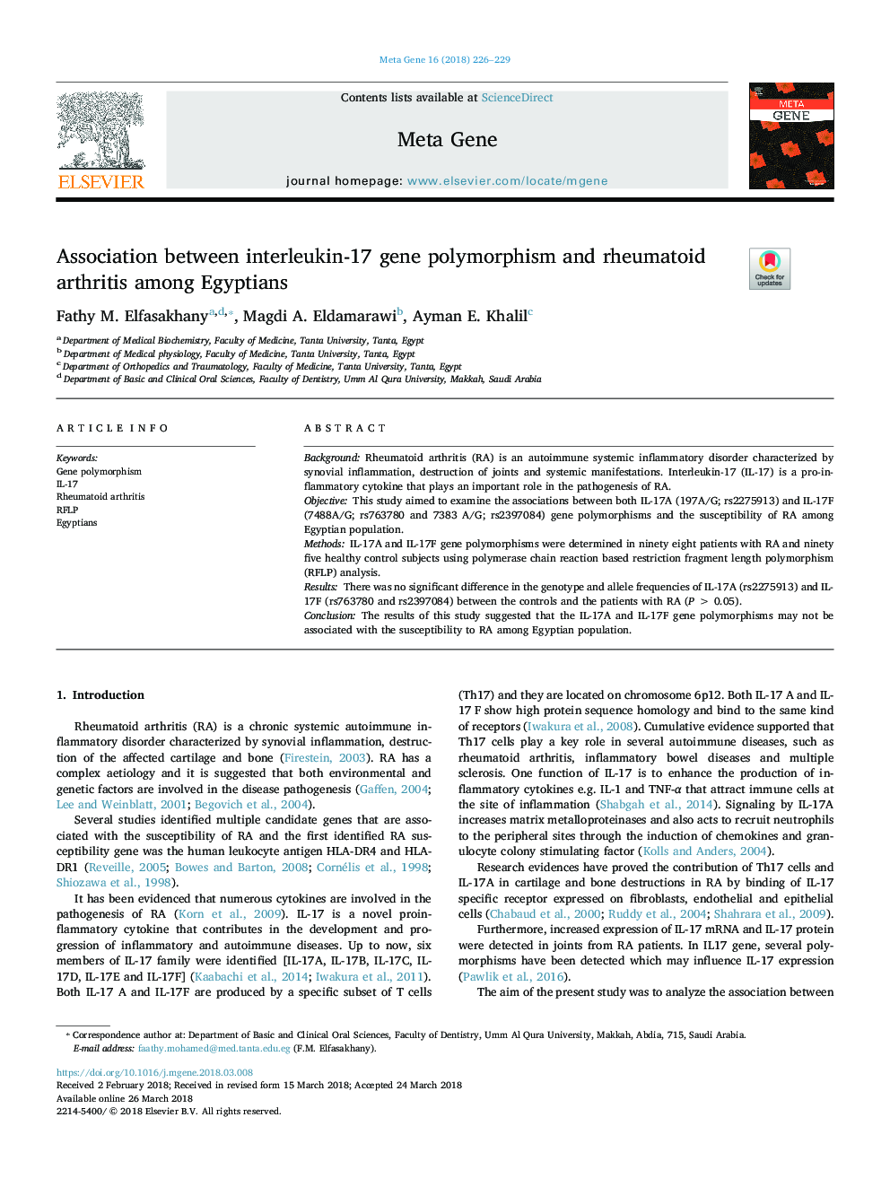 Association between interleukin-17 gene polymorphism and rheumatoid arthritis among Egyptians