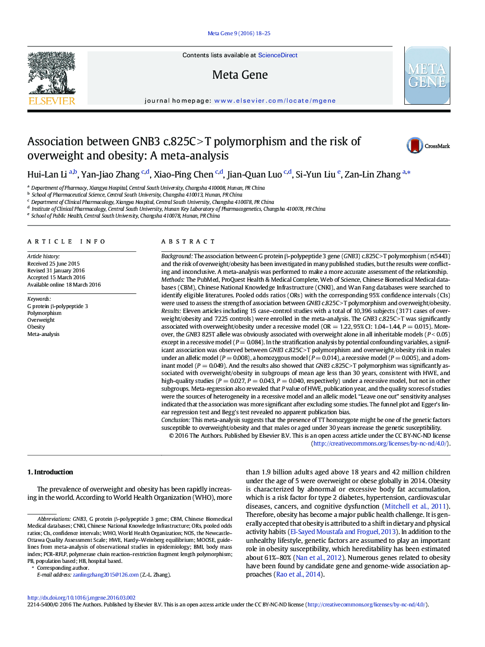 Association between GNB3 c.825CÂ >Â T polymorphism and the risk of overweight and obesity: A meta-analysis