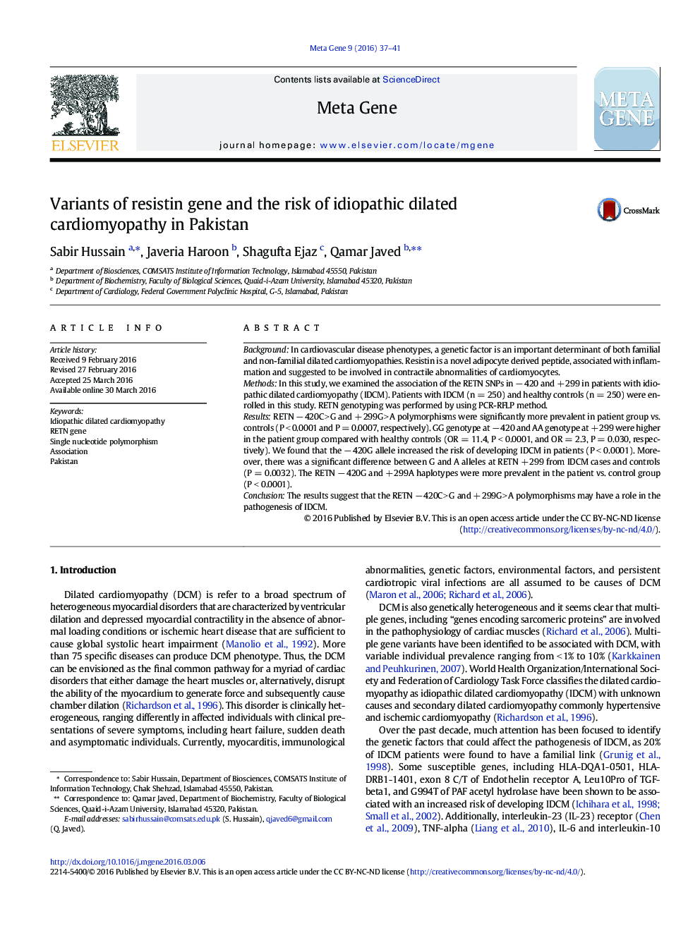 Variants of resistin gene and the risk of idiopathic dilated cardiomyopathy in Pakistan