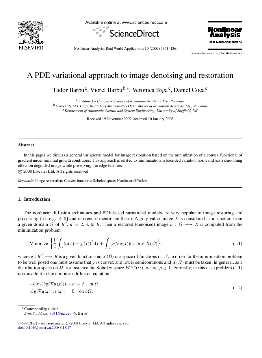 A PDE variational approach to image denoising and restoration