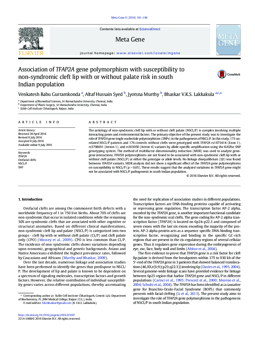 Association of TFAP2A gene polymorphism with susceptibility to non-syndromic cleft lip with or without palate risk in south Indian population