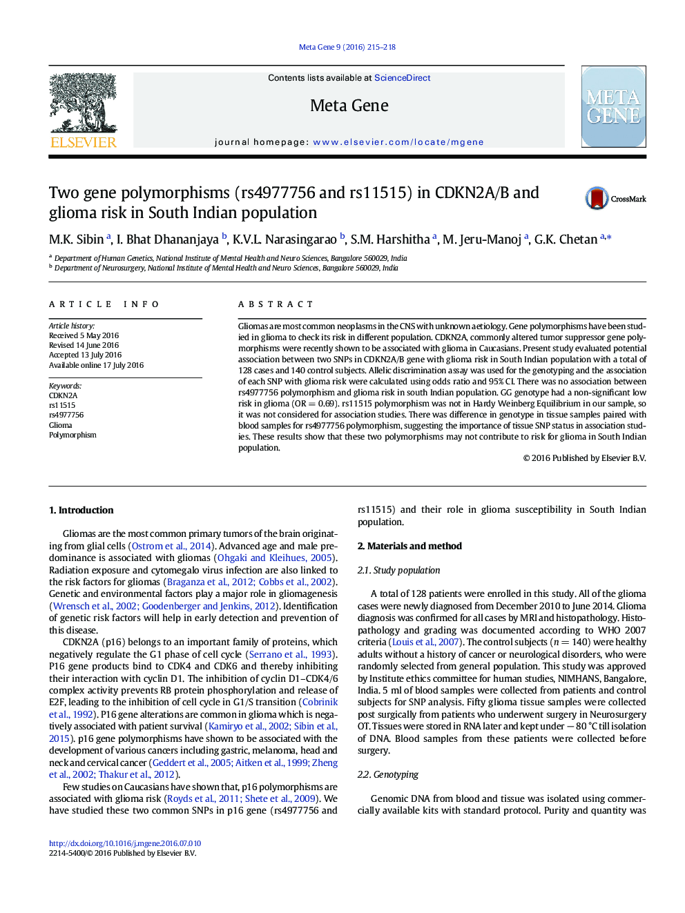 Two gene polymorphisms (rs4977756 and rs11515) in CDKN2A/B and glioma risk in South Indian population