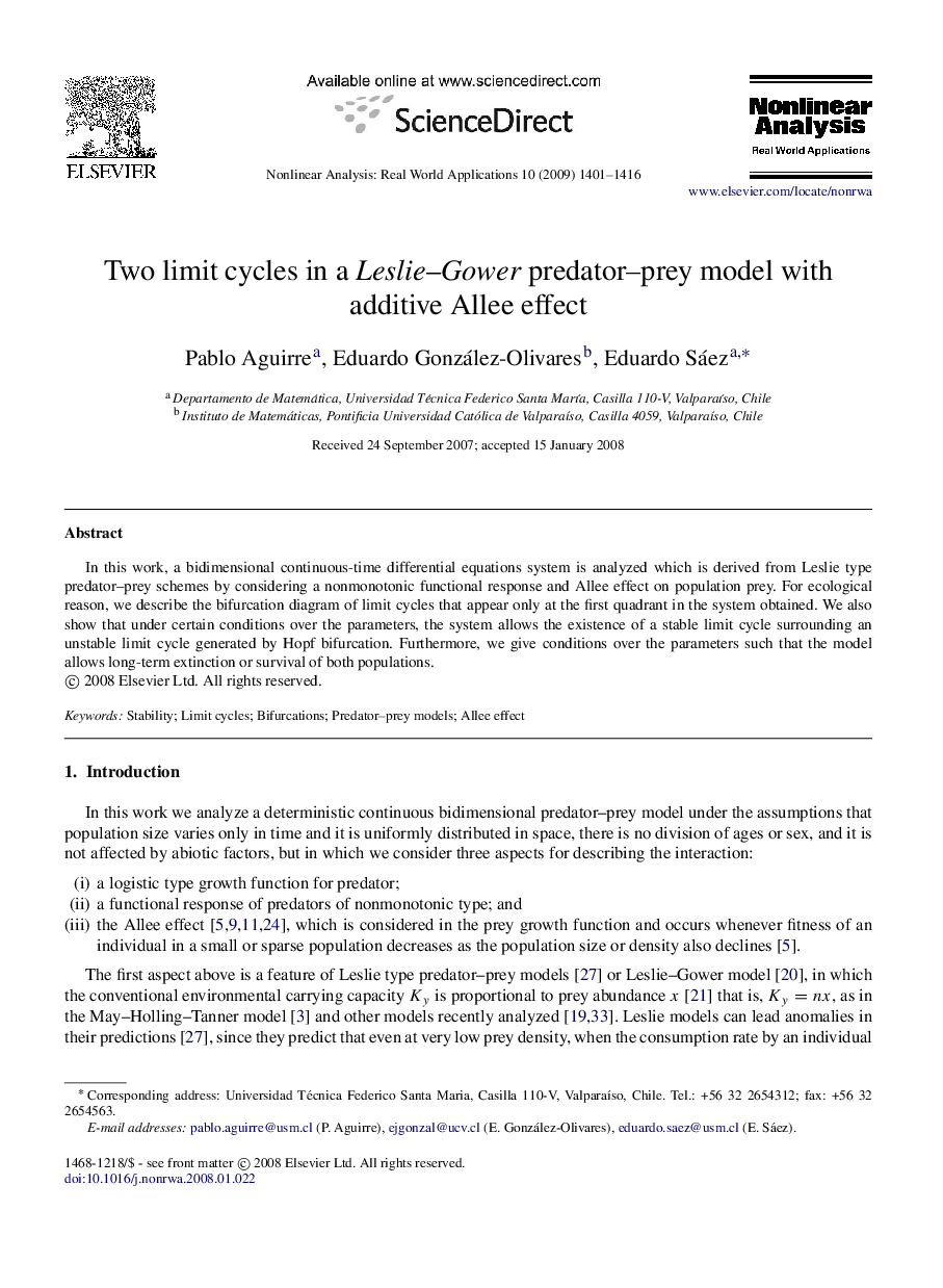 Two limit cycles in a Leslie–Gower predator–prey model with additive Allee effect