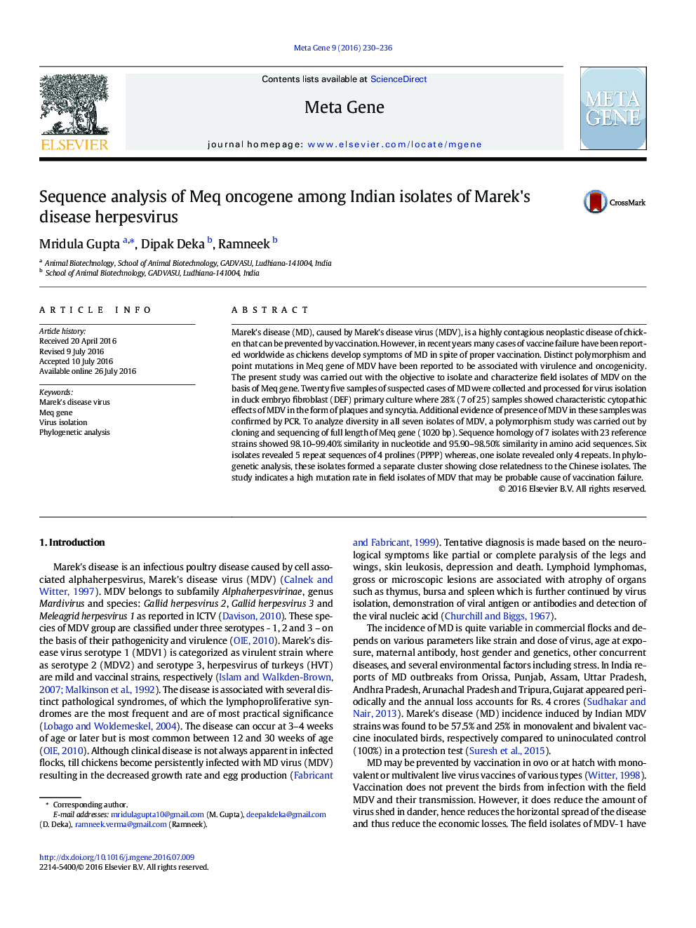 Sequence analysis of Meq oncogene among Indian isolates of Marek's disease herpesvirus