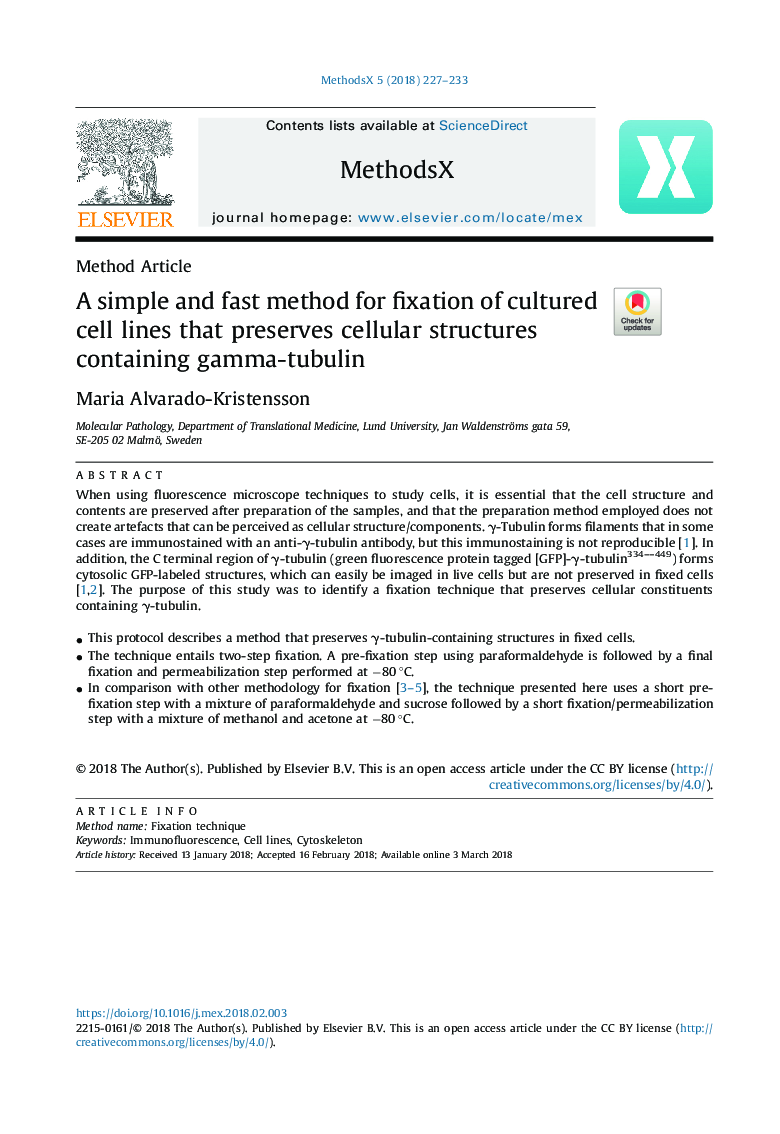 A simple and fast method for fixation of cultured cell lines that preserves cellular structures containing gamma-tubulin