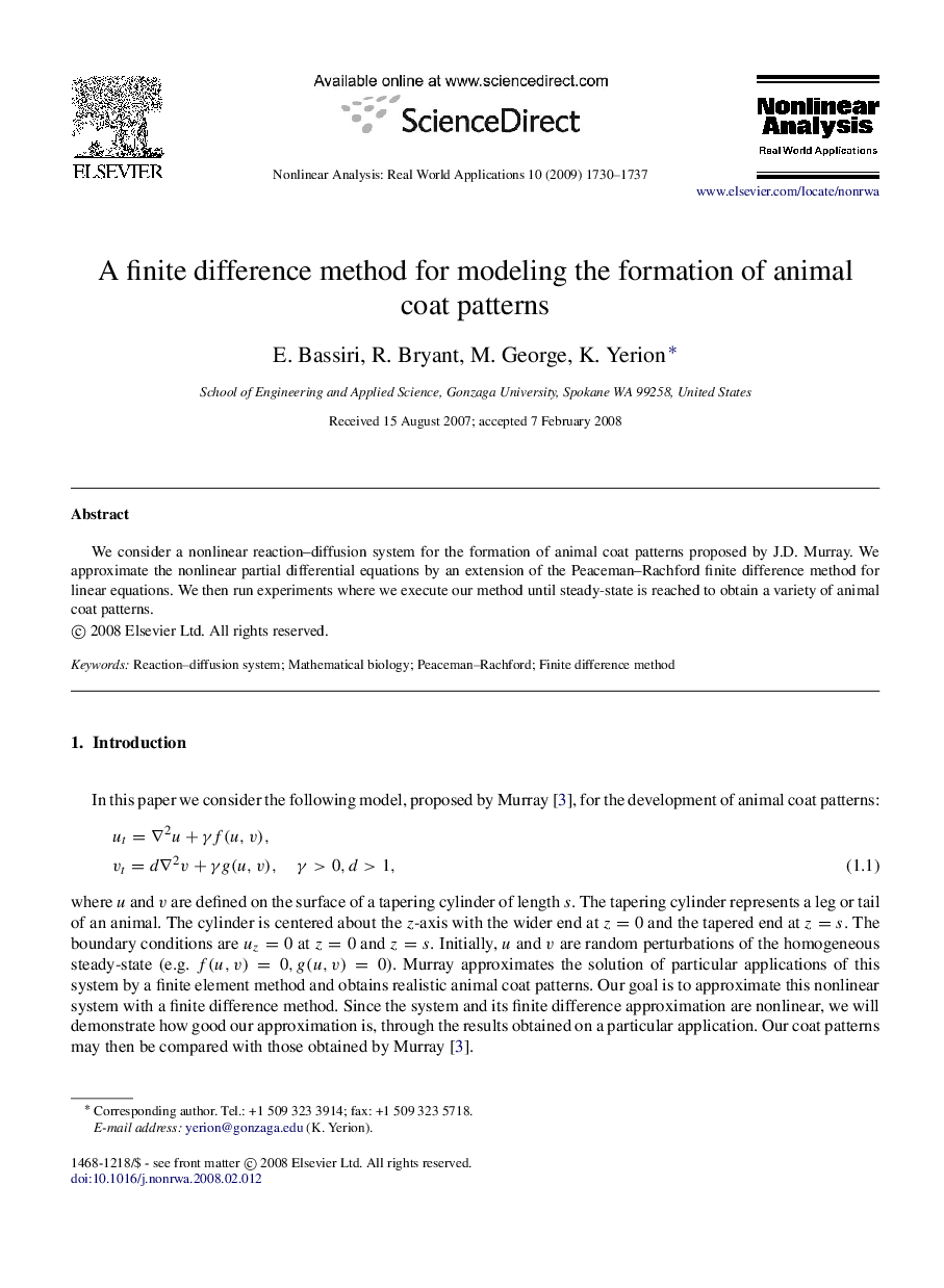 A finite difference method for modeling the formation of animal coat patterns