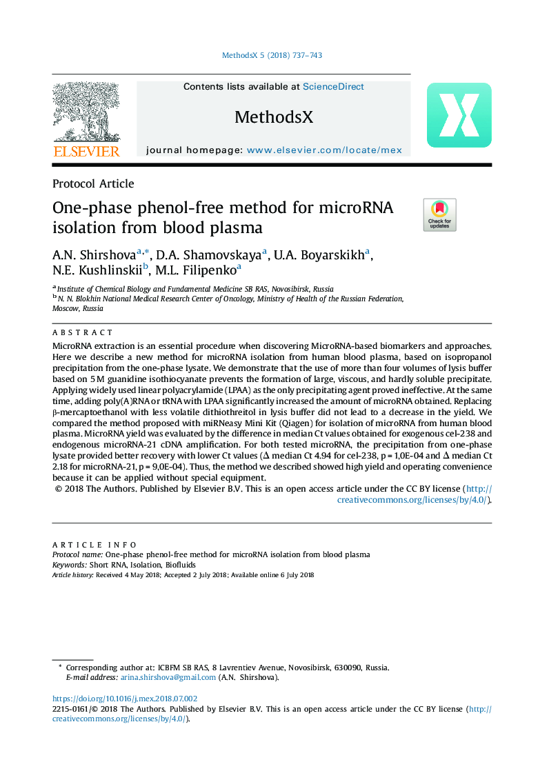 One-phase phenol-free method for microRNA isolation from blood plasma