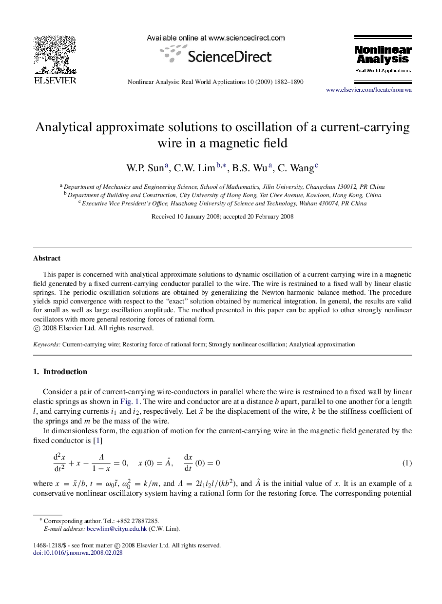 Analytical approximate solutions to oscillation of a current-carrying wire in a magnetic field