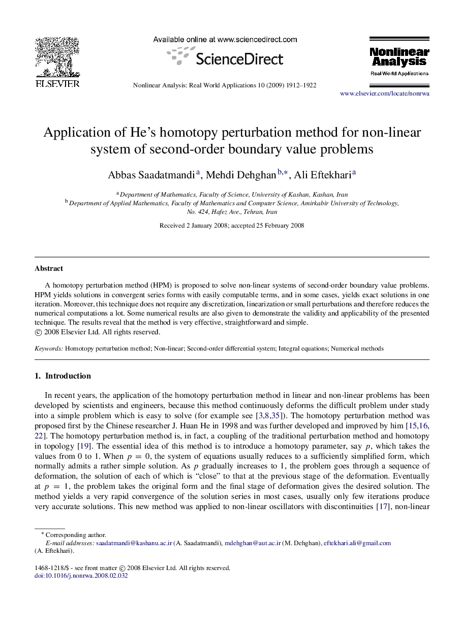 Application of He’s homotopy perturbation method for non-linear system of second-order boundary value problems