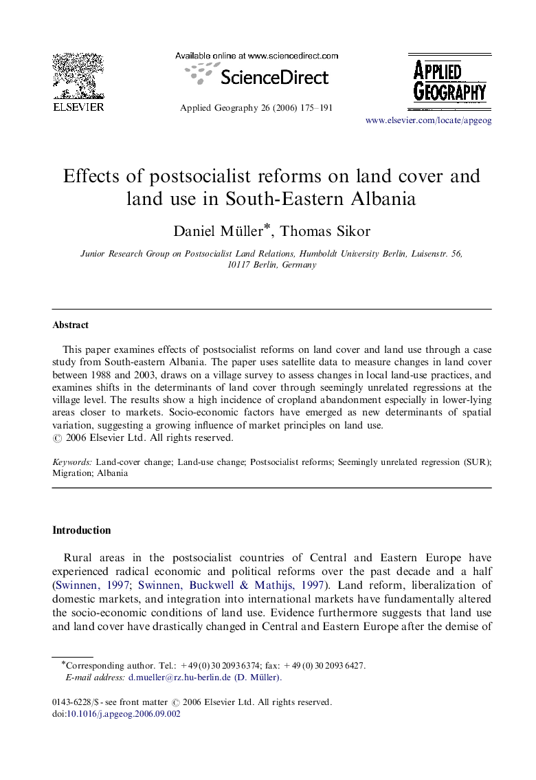 Effects of postsocialist reforms on land cover and land use in South-Eastern Albania
