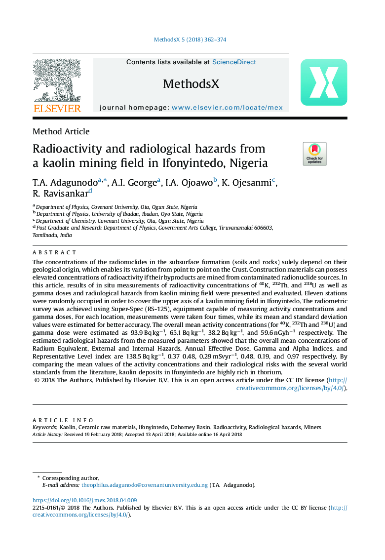 Radioactivity and radiological hazards from a kaolin mining field in Ifonyintedo, Nigeria