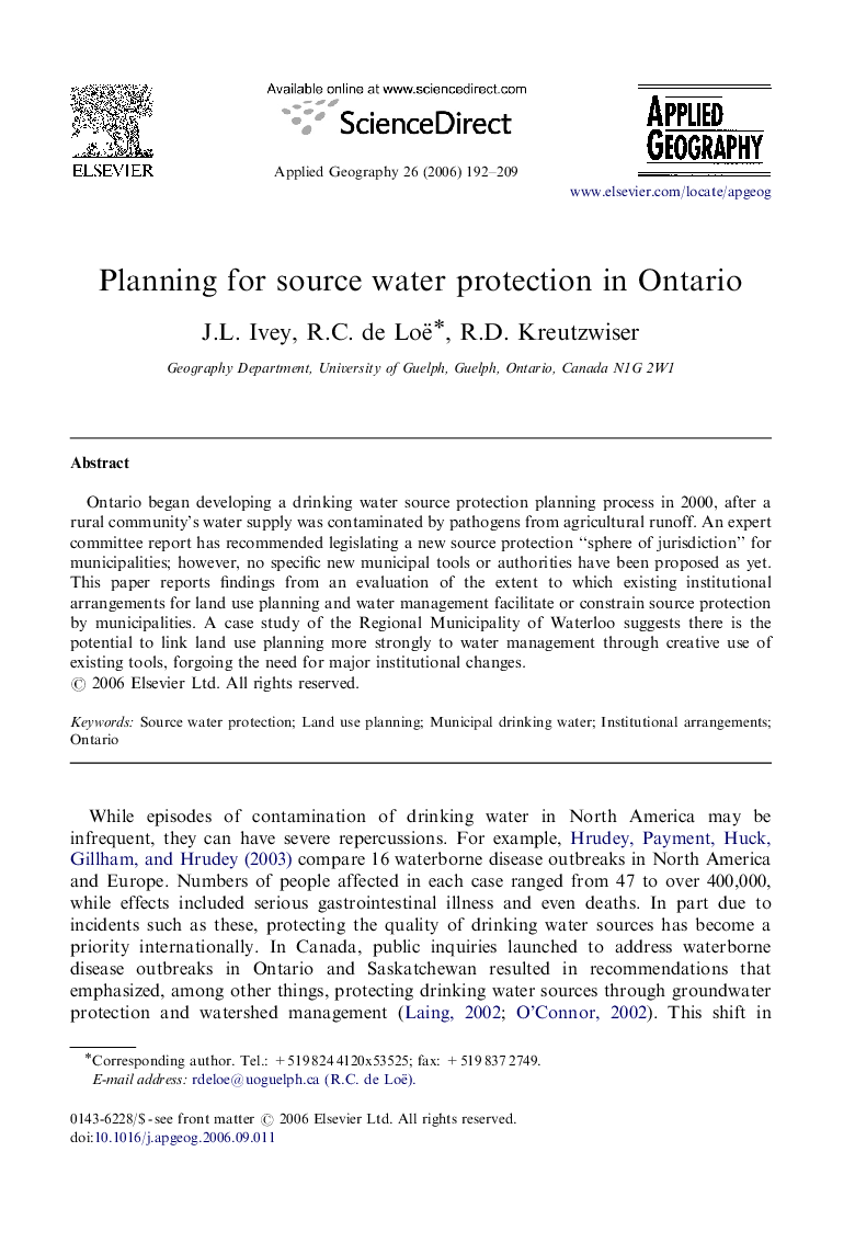 Planning for source water protection in Ontario