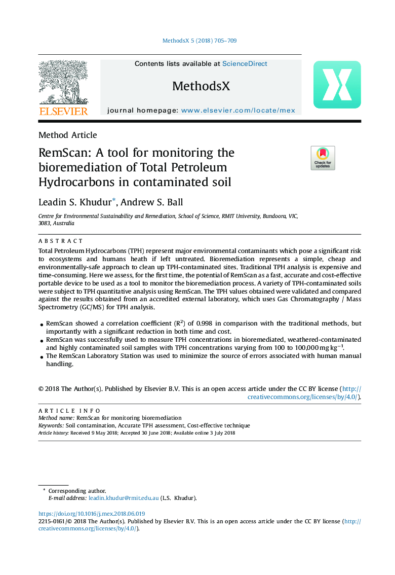RemScan: A tool for monitoring the bioremediation of Total Petroleum Hydrocarbons in contaminated soil