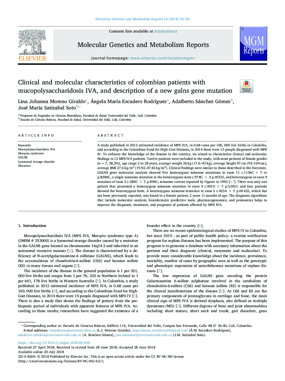 Clinical and molecular characteristics of colombian patients with mucopolysaccharidosis IVA, and description of a new galns gene mutation
