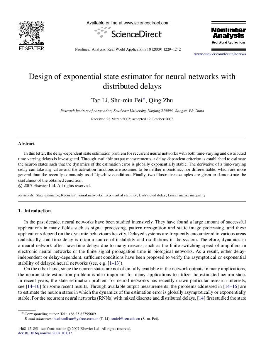 Design of exponential state estimator for neural networks with distributed delays