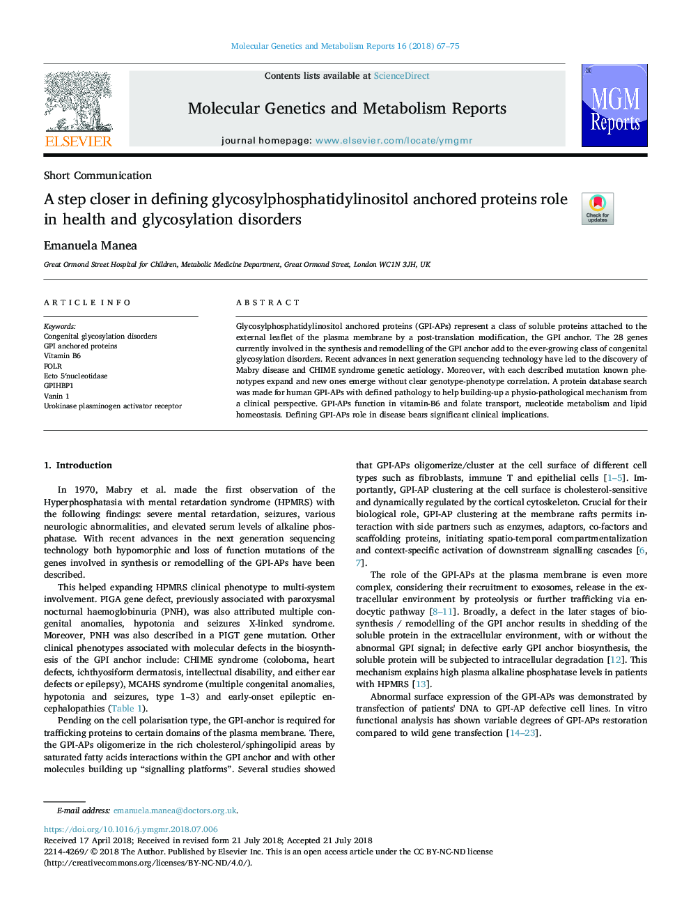 یک گام در تعریف نقش پروتئین پایدار گلیکوزیل فسفات فسفاتیدیلوستیتول در اختلالات سلامتی و گلیکوزیلات 