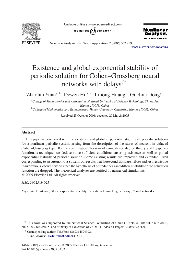 Existence and global exponential stability of periodic solution for Cohen–Grossberg neural networks with delays 