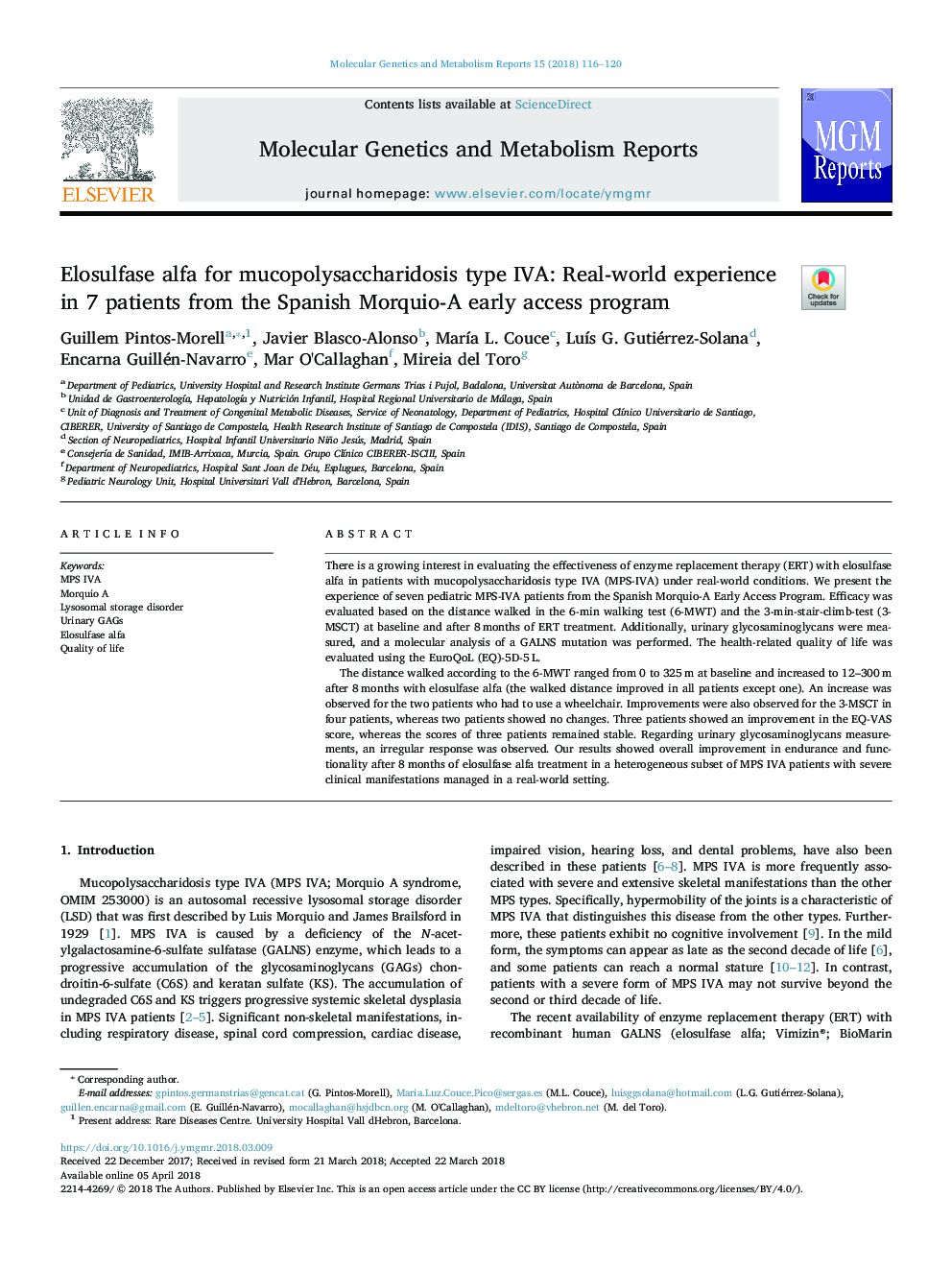 Elosulfase alfa for mucopolysaccharidosis type IVA: Real-world experience in 7 patients from the Spanish Morquio-A early access program