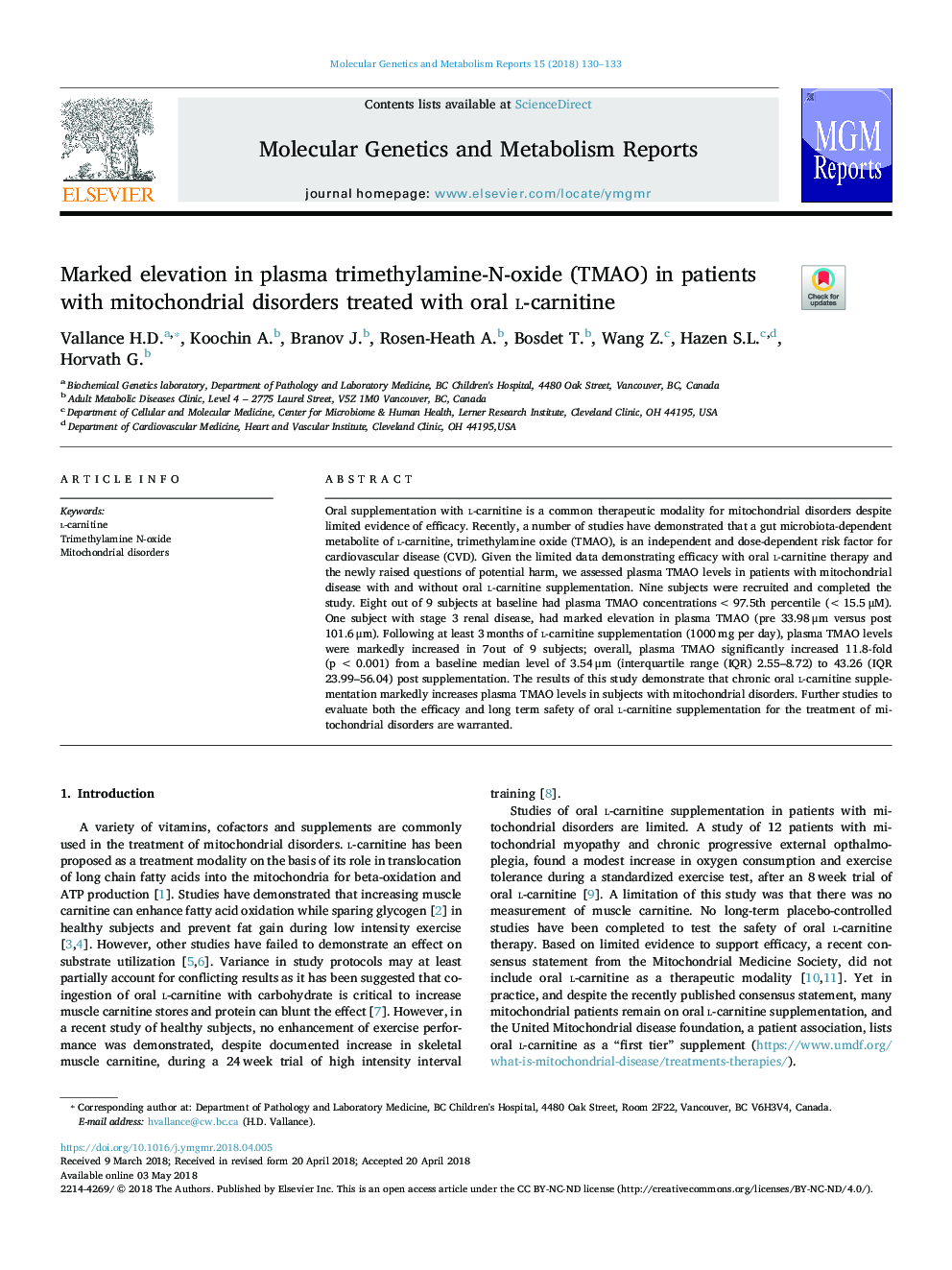 Marked elevation in plasma trimethylamine-N-oxide (TMAO) in patients with mitochondrial disorders treated with oral l-carnitine