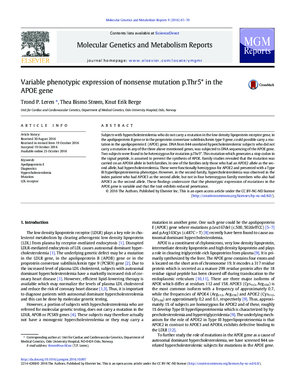 عکس صفحه اول مقاله: Variable phenotypic expression of nonsense mutation p.Thr5* in the APOE gene Variable phenotypic expression of nonsense mutation p.Thr5* in the APOE gene