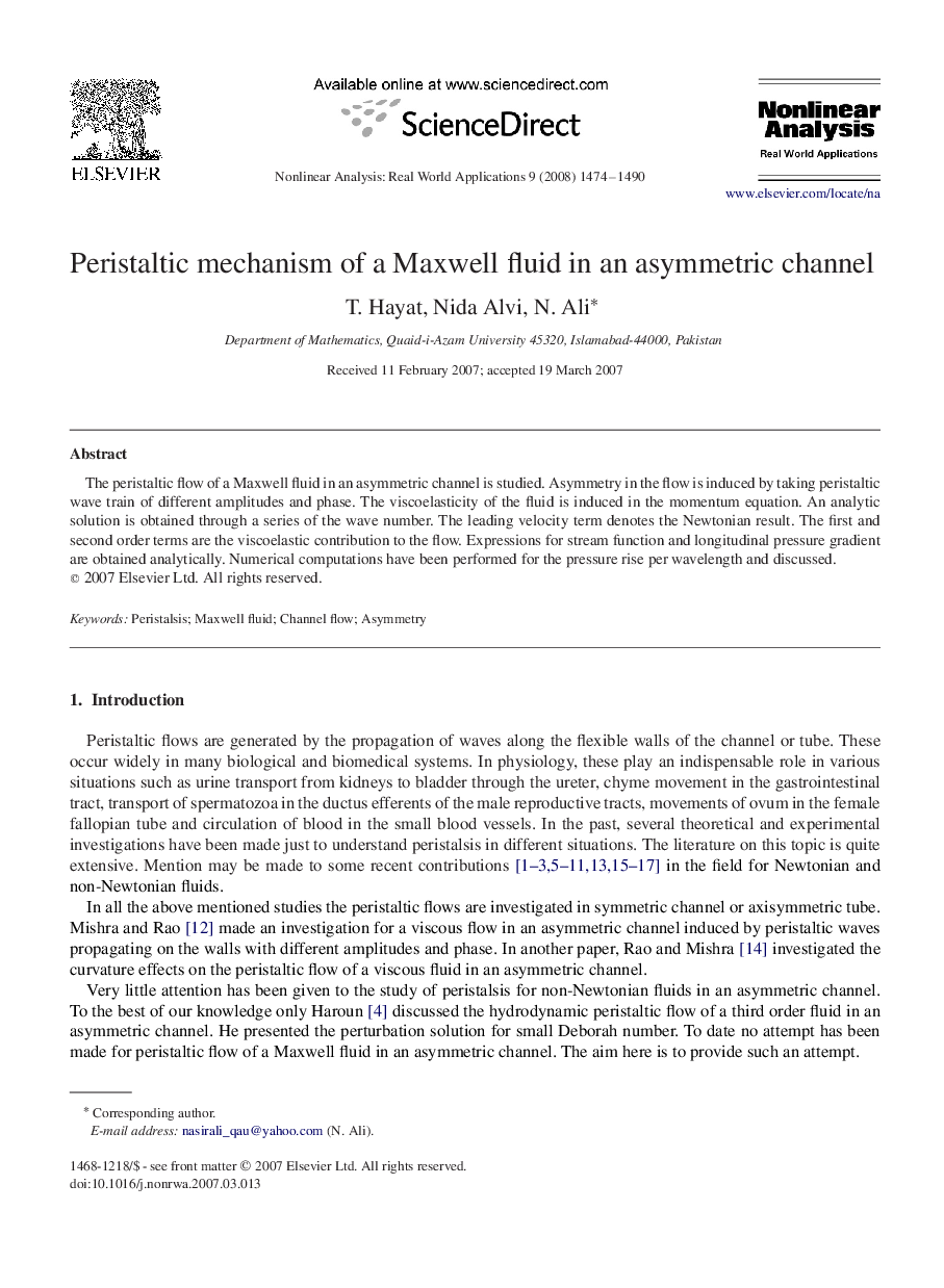 Peristaltic mechanism of a Maxwell fluid in an asymmetric channel