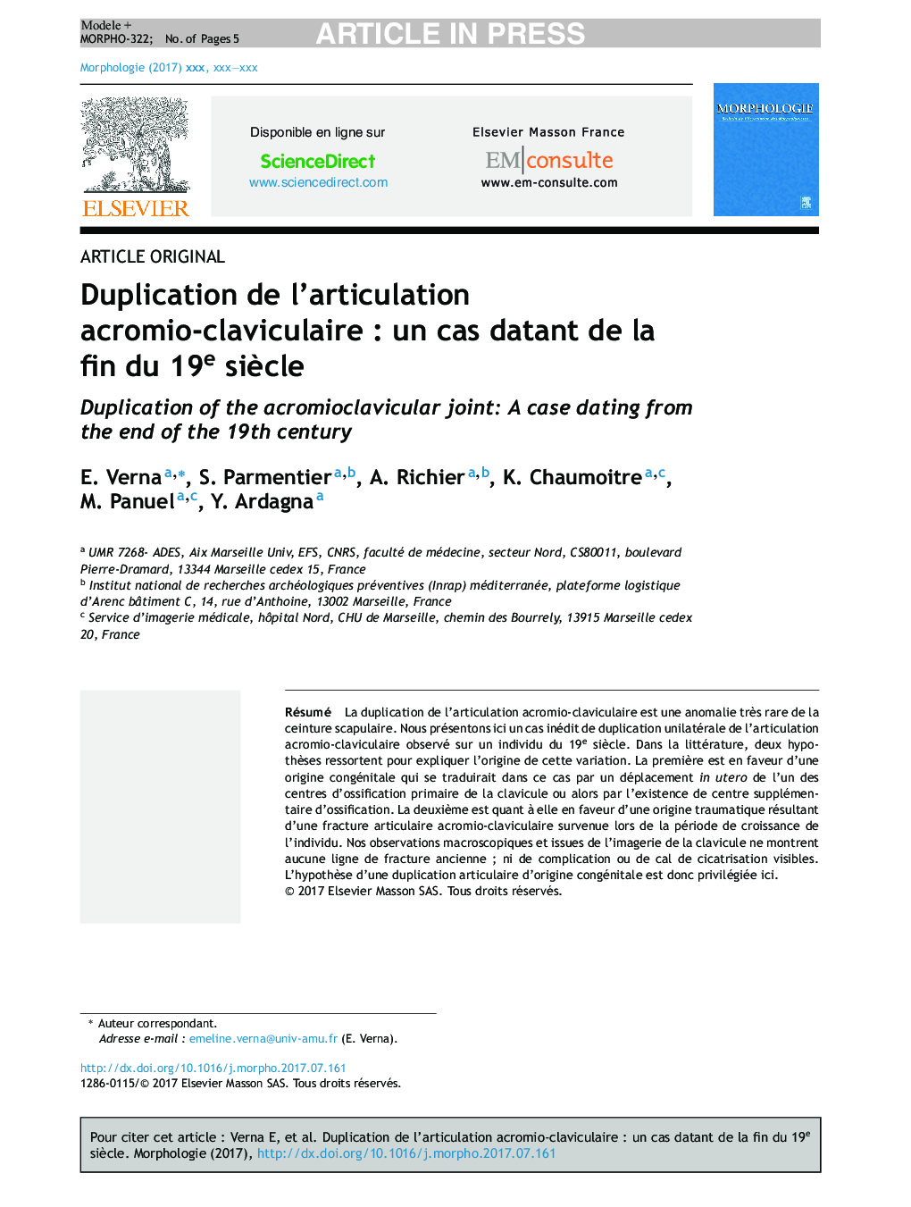 Duplication de l'articulation acromio-claviculaireÂ : un cas datant de la fin du 19e siÃ¨cle